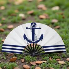 1pc Women's Folding Fan, Anchor On Blue And White Striped Background, Fashion Folding Fan, Summer Folding Fan, Holiday Gift, Birthday Gift Folding Fan, Each Fan Face Color And Pattern Position May Vary Slightly, Randomly Sent - Multicolor - View 2