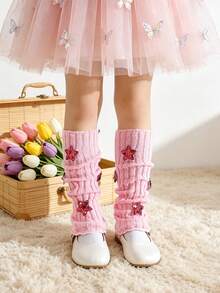 1 Pair Girls' Bright Pink Knitted All-Season Leg Warmers With Sequin Star Decor, Fashionable Spring/Autumn Leg Covers - Pink - View 4