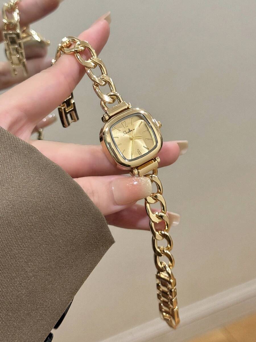 1件金色圓形女款石英手錶，精緻時尚極簡風，適合日常配戴，生日/畢業禮物，休閒聚會 - 金色 - 查看 1