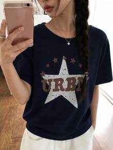 Y2K女款夏季新款休閒寬鬆復古字母印花短袖T恤上衣 - 深藍 - 查看 1