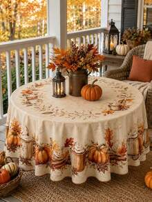 1pc Autumn Pumpkin Coffee Round Tablecloth, Polyester Circular Table Cover With Maple Leaves, Cinnamon, Latte Mug And Harvest Floral Border, Rustic Farmhouse Dining Table Decoration For Kitchen, Thanksgiving Dinner, Fall Party And Seasonal Home Decor - Multicolor - View 7