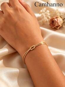Camhanno 3pcs Minimalist Concentric Knot Stainless Steel 18K Gold Plated Fashion Layered Bracelet Set - Gold - View 7