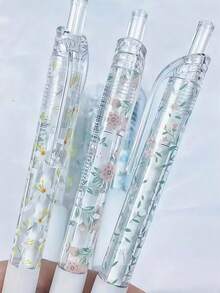 6pcs/5pcs/3pcs/2pcs/1pc/12pcs Floral Erasable Pens, Cute Writing Pen Set, Retractable, Black Quick-Drying Ink, 0.5mm Medium Tip, Decorated With Elegant Floral Patterns, Perfect For Smooth Writing In Journals And Office Supplies. - A - View 4