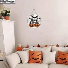 1pc 2D Flat Printed Happy Halloween Welcome Sign, Bat & Pumpkin Pattern Round Wooden Wall Decor, Suitable For Home, Office, Garden, Street Decoration, Porch Halloween Sign Decor/Front Door Decor, Halloween Scene Decoration - Multicolor - View 5