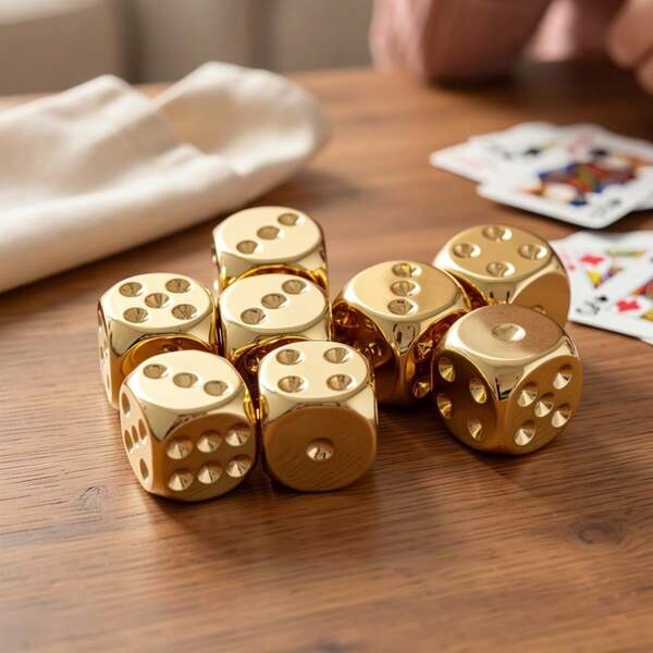6pcs/1set Electroplated Gold Plastic High-Quality Dice Set, Essential For Party Multi-Player Games, Electroplated Acrylic Plastic Round D6 Dice Suitable For Club Parties
