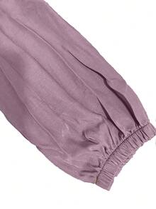 Solid Color Round Neck Half-Button Front Long Dress, Casual Elegant All-Season Dress Fall - Dusty Pink - View 10