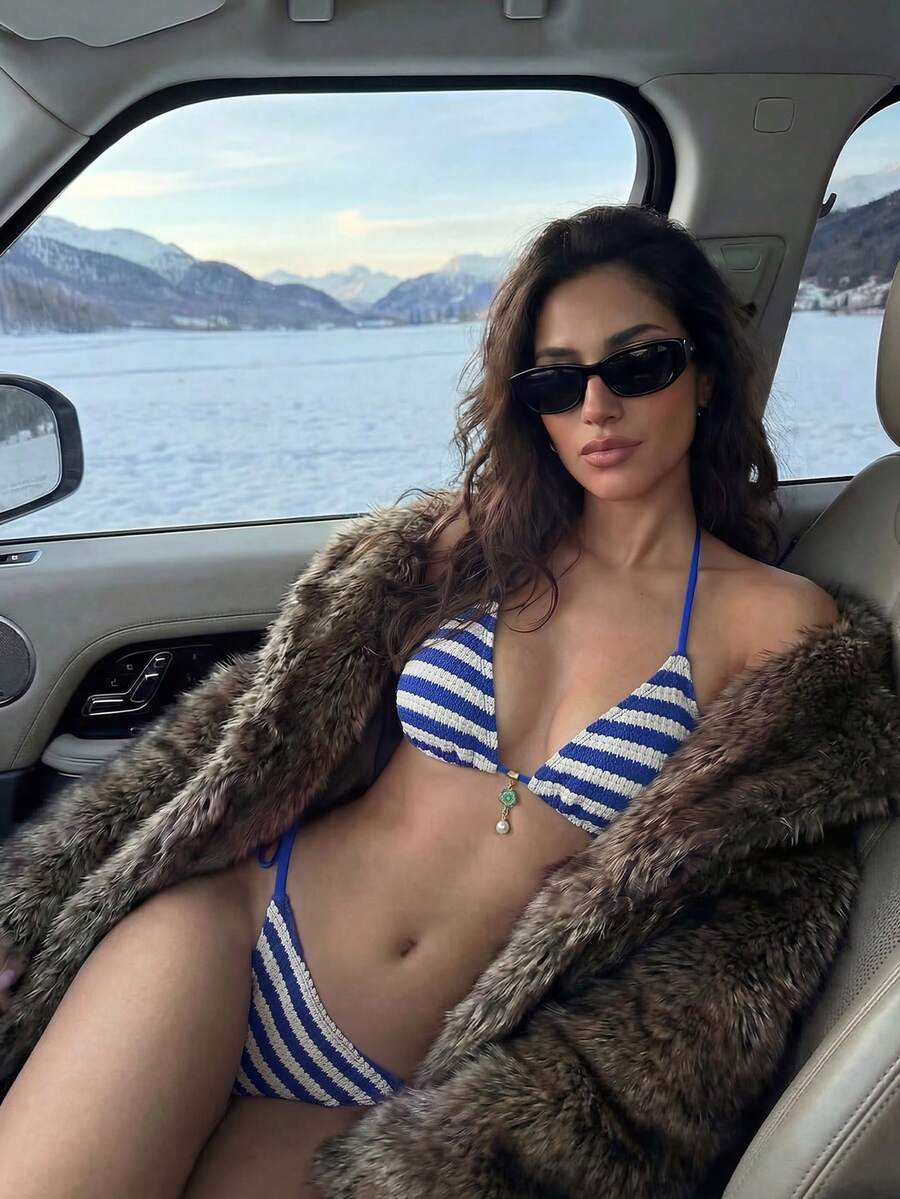 Casual Fashion Women's Bikini Set, Blue And White Striped Halter Top With Tie-Side Swim Bottoms, Backless Design, High Elastic Fabric, Creating Elegant Swimwear Look - Blue and White - View 1