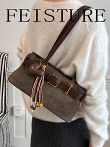 FEISTURE 1件裝時尚麂皮女款腋下肩背包，附肩帶裝飾與愛心結吊飾，適合日常外出、約會與通勤 - 綠色 - 查看 6