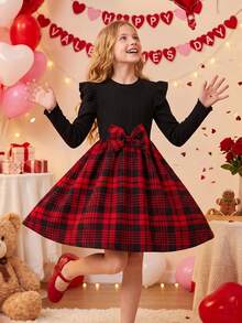 Tween Girls Christmas Vintage Red & Black Plaid Cap Sleeve Patchwork Bow Flutter Sleeve Ribbed Long Sleeve Round Neck Dress, Holiday Vibe Girls Plaid Princess Dress - Red and Black - View 10