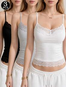 3pcs Women's Casual Lace Camisole Tank Tops, Solid Color Fitted, Spring/Summer Street Style, Daily Vacation Short Vest, Outing Top, White Black - Multicolor - View 1