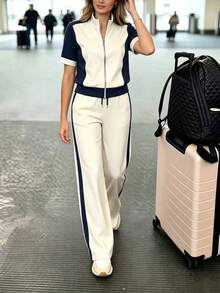 春夏秋女款新款休閒百搭撞色學院風翻領短袖上衣，搭配高腰寬鬆直筒長褲，優雅顯高 - 杏色+藏青 - 查看 7