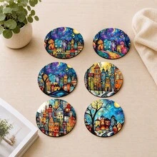 6pcs, Small Town Pattern Printed Diatomaceous Earth Coasters, Absorbent Drink Coasters, Coffee Cup Coasters, Mug Coasters, Tea Cup Coasters, Desktop Protection Pads, Suitable For Dining Table, Coffee Table, Bar Counter And Office Desk Decoration - Multicolor - View 8