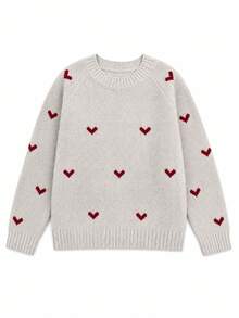 Sweater Rajut Longgar Leher Bulat Raglan Motif Hati Merah Warna Oatmeal untuk Wanita, Atasan Rajut Gaya Seksi untuk Musim Gugur - Sampanye - View 3