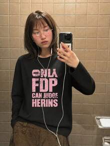 女款秋冬新款 1件式小碼個性化拼色字母印花休閒百搭街頭風寬鬆長袖T恤上衣 黑色 - 黑色 - 查看 3