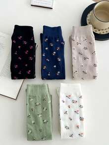 5 pares de calcetines largos de mujer con estampado floral de otoño, suaves, antibacterianos y transpirables, adecuados para uso diario, casual, deportes y regalos - Multicolor - Ver 2