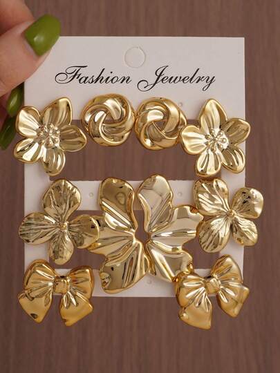 Set Anting Stud Emas CCB Wanita, 6 Pasang Anting Bentuk Bunga, Pita, dan Lingkaran Putar, Perhiasan Vintage, Cocok untuk Pemakaian Sehari-hari
