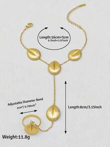 Damen Edelstahl Blatt Ring Armband, Gold Armband mit Blatt Anhänger, Bohème Stil Handschmuck, Urlaubs Accessoire Geschenk für Sie - Gold - Übersicht 3