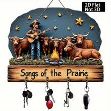 2D Flat Design Denim & Guitar Bull Bonfire Under Starry Night Sky Family Keychain With 4 Metal Hooks, Suitable For Wall Decor, Hallway Decor, Room Decor, Villa Decor - Apricot - View 9