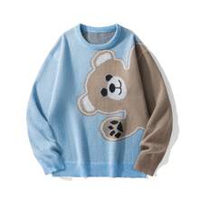 Two-Tone Cute Bear Pattern Intarsia Knit Sweater, Men's Crew Neck Loose Casual Pullover - Blue - View 1