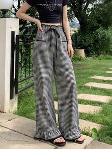 Contrast Plaid High Waist Straight Leg Loose Ruffled Drawstring Casual Women Pants, Spring/Summer - Black and White - View 8