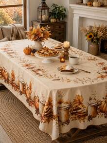 1pc Autumn Pumpkin Coffee Round Tablecloth, Polyester Circular Table Cover With Maple Leaves, Cinnamon, Latte Mug And Harvest Floral Border, Rustic Farmhouse Dining Table Decoration For Kitchen, Thanksgiving Dinner, Fall Party And Seasonal Home Decor - Multicolor - View 3