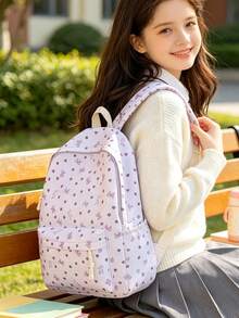 3件組時尚學院風愛心/蝴蝶結印花背包套裝，包含背包、便當袋和鉛筆袋，附筆電隔層、可調式肩帶、多口袋大容量，多功能學生書包套裝，適合女孩/男孩/學生日常使用/度假/旅行/開學 - 紫色 - 查看 7