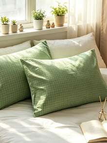 2pcs/Set, Green Small Plaid, Solid Color Japanese Minimalist Style, Super Soft, Breathable, Suitable For All Seasons, Simple And Fashionable, Casual Daily Life, All Season Men's Pillowcase, Pillow Core Not Included, Bedding, Hotel, Home Decor, Japanese Size: Single Bed, Double Bed, Queen Bed, King Bed - Green - View 5
