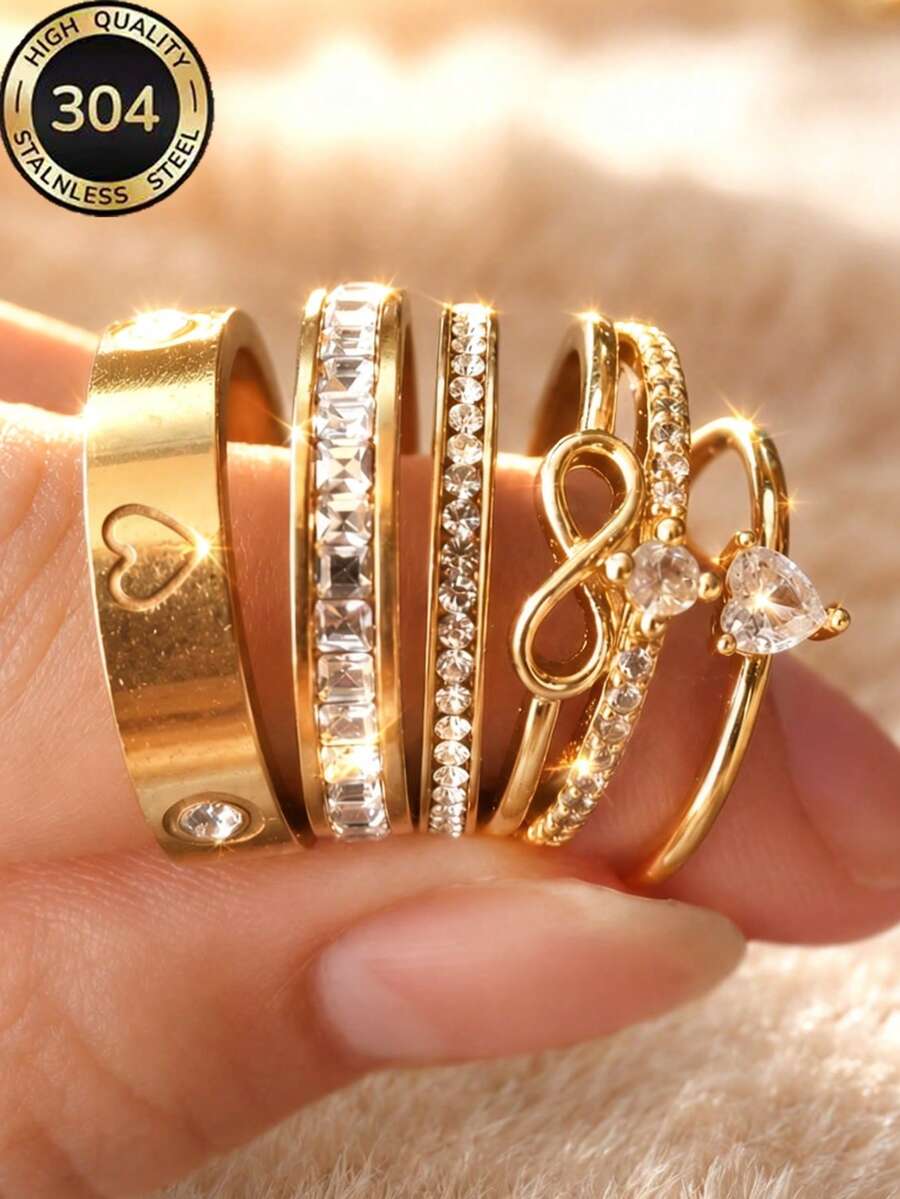 5件組女士金色時尚高端疊戴戒指，18K鍍金，防鏽防水低過敏幸運疊戴飾品，情人節、聖誕節禮物，亦適合日常配戴