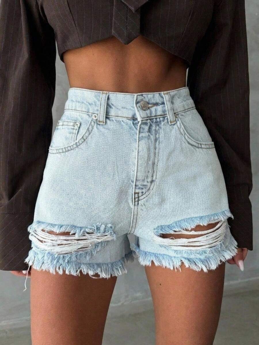 SQUALO Graue Damen-Sommer-Denim-Shorts mit hohem Bund und ausgefranstem Saum - Blau - Übersicht 1