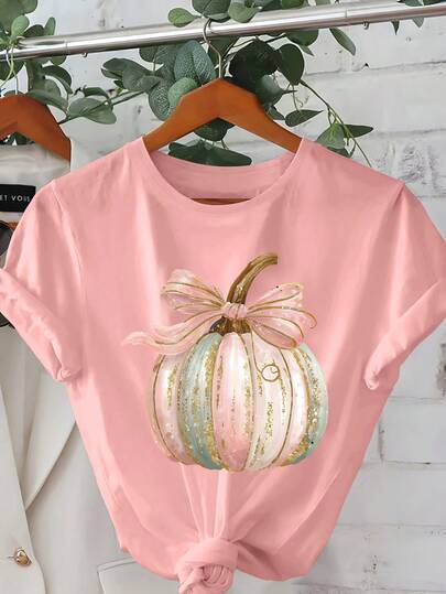 Camiseta de manga corta casual de talla grande para mujer, estampado de calabaza de dibujos animados, top ligero, estilo de verano rosa
