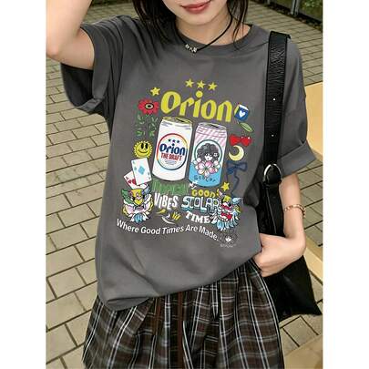レディースゆったりプリントTシャツ-半袖、ゆったりプリント、機械洗浄、プリントデザイン