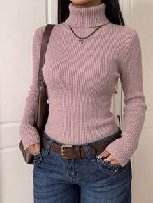 Women's Casual Solid Color High Neck Ribbed Knit Sweater, Built-In Warm Fleece Lining, Slim Fit Top, Autumn/Winter Essential - Bean Paste Pink - View 3