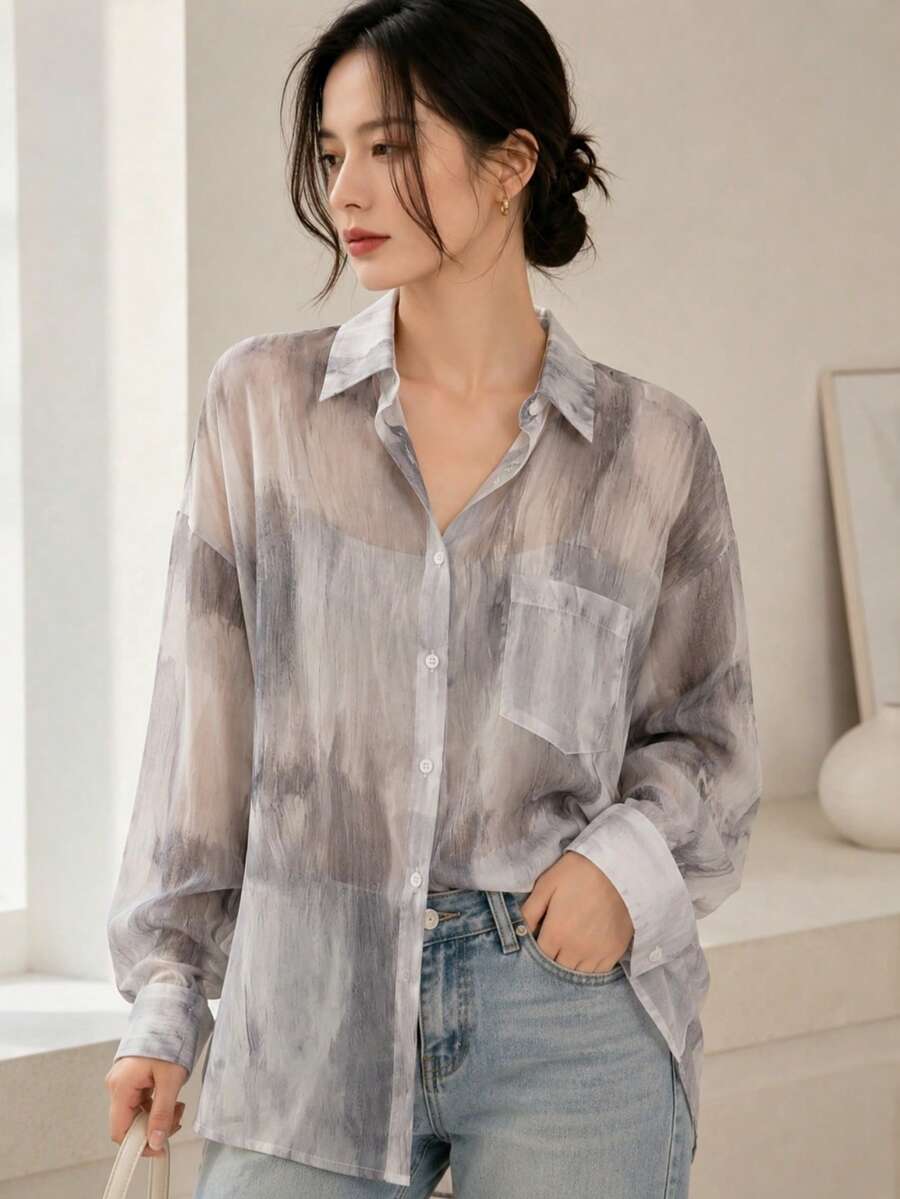 YUXIN 女款甜美紮染輕盈透視襯衫，寬鬆透氣長袖上衣，適合休閒出遊與度假，春夏穿搭