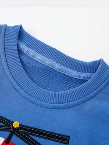 Boys' Round Neck Long Sleeve Sweatshirt With Helicopter Patch Embroidery, Loose Casual Pullover Sweatshirt For Toddlers And Young Children - Blue - View 4