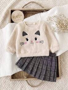 Baby Girls Autumn Clothes 2pcs Set, New Fall/Winter Fashion Versatile Cute Cartoon Cat Embroidered Coral Fleece Long Sleeve Crew Neck Sweatshirt + Plaid Pleated Skirt Set, Suitable For Outdoor Wear - Apricot - View 2