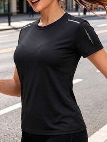 女款運動跑步短袖簡單彈性透氣T恤黑色 - 黑色 - 查看 3