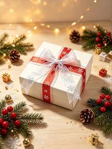 Snowflake Ribbon, Christmas Gift Wrapping Ribbon, Yardage Winter White Satin Ribbon With Silver Snowflake Christmas Wired Ribbon, Christmas Tree Decoration Making Gift Wrapping Winter Holiday Christmas Decor - Multicolor - View 2