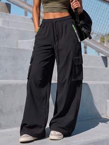 Women's Straight Drawstring Elastic Waist Zipper Pocket Sweatpants, Casual Outdoor Straight Cargo Pants, Neon Color Accents, Spring/Autumn Black - Black - View 8
