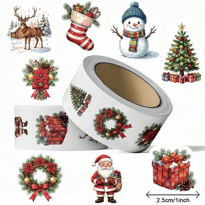 1/5 Rolls Christmas Theme Decorative Stickers, Christmas Party Gift Bag Sealing Stickers, Holiday Atmosphere Handmade Decoration Stickers, Gift Box Packaging Sealing Stickers, Home Party Scene Decoration Small Accessories