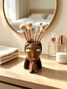 1pc Bohemian Abstract Praying Woman Face Makeup Brush Holder, Resin Makeup Brush Storage Cup, Multi-Functional Pen Holder, Vanity Bathroom Desktop Decor Storage Can, Unique Artistic Home Decor Women Gift - Multicolor - View 8