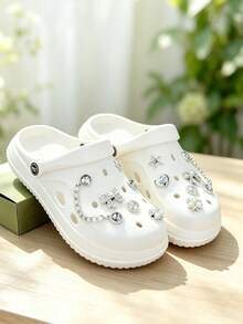 Women's Bling Rhinestone Bow Chain Decor Clogs Flat Non-Slip Closed Toe Slippers Indoor Outdoor Beach Casual Sandals - White - View 4