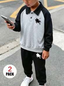 Boys Polo Collar Sweatshirt & Sweatpants 2 Pieces Set, Knight Print, Comfortable & Soft, Suitable For Commuting, School And Sports - Multicolor - View 2