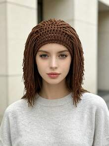 1pc Women's European & American Style Personalized Wig Knit Hat, Handmade Braided Tassel Design, Breathable Non-Sweating Photo Styling Decorative Hat - Multicolor - View 11
