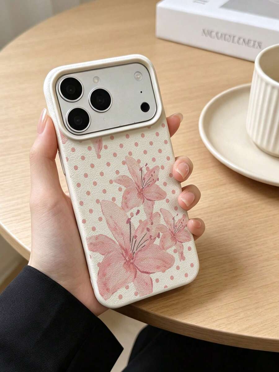 Ins Sweet Style Watercolor Pink Lily Polka Dot Print Cream Leather Phone Case, Compatible With Apple 17/16/11/12/13/14/15/15Pro/15Plus/15ProMax/7Plus/8Plus/X/Xr/11Pro/12Pro/13Pro/14Pro/12Mini/13Mini/11ProMax/12ProMax/13ProMax/14ProMax/14Plus/7/8/16Pro/16Plus/16ProMax/17Pro/17e/17ProMax & Galaxy S20FE/S21FE/S22/S22UITRA/S25/S25FE/S26/S26Uitra/A05s/A06/A07/A14/A17/A25/A26/A34/A35/A36/A53/A54/A55/A56/A57 - Multicolor - View 1