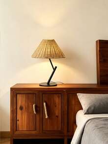 1pc USB Powered Creative Slanted Handmade Woven Rattan Table Lamp, Japanese Wabi-Sabi Nordic Ins Cream Style, Bedroom Bedside Living Room Decor Ambient Light, Desktop Lamp, Minimalist Modern Vintage Premium Decorative Table Lamp - Black - View 4