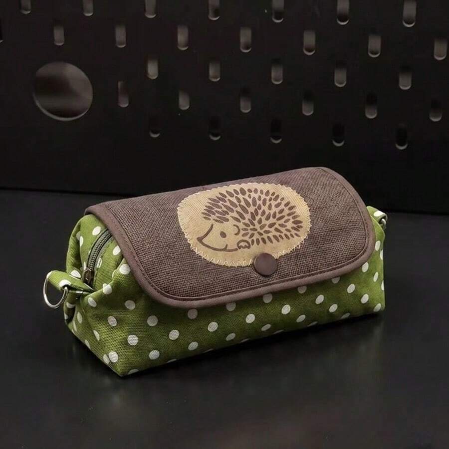 Cute Hedgehog Polka Dot Pencil Case Student Stationery Storage Bag Multifunctional Large Capacity Pencil Box Dirt-Resistant Stationery Organizer - Green - View 1