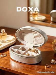 DOXA 亮銀色橢圓形旅行珠寶收納盒，拉鍊隔層戒指與耳環收納盒，僅空盒 - 銀色 - 查看 2