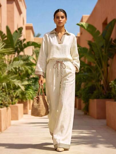 Women's Linen Blend V-Neck Striped Trim 2 Pieces Set, Loose Flare Sleeve Top + High Waist Wide Leg Pants Casual Vacation Outfit With Pockets Elegant