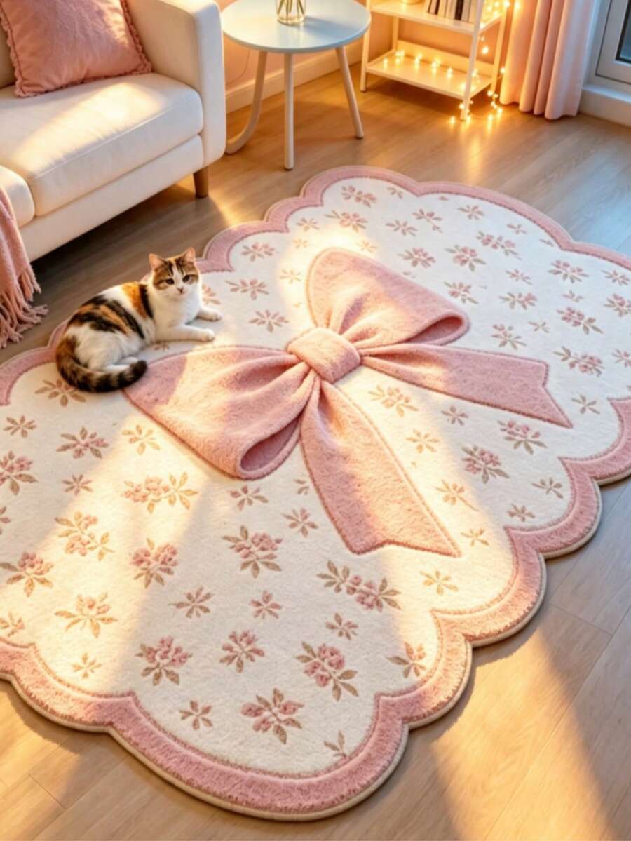 1 pieza Alfombra con decoración de lazo rosa, Alfombra para sala de estar, Alfombra de felpa para lado de la cama, Alfombra de otoño/invierno, Alfombra gruesa, Alfombra grande para sala de estar, Alfombra para dormitorio, Decoración del hogar para sala de estar, Alfombra para exteriores, Alfombra lavable - Multicolor - Ver 1