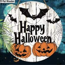 1pc 2D Flat Printed Happy Halloween Welcome Sign, Bat & Pumpkin Pattern Round Wooden Wall Decor, Suitable For Home, Office, Garden, Street Decoration, Porch Halloween Sign Decor/Front Door Decor, Halloween Scene Decoration - Multicolor - View 7